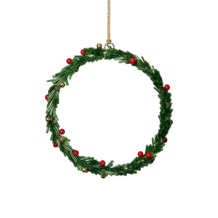 Beaded Wreath Ornament with Red Berries