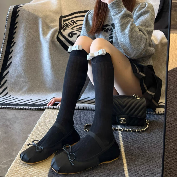 Black Socks with Grey Bow