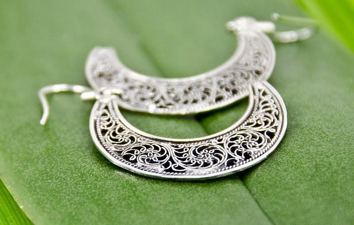 "Crescent Moon" Silver Filigree Earrings - Kashmir Designs