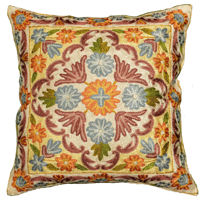 daisy ivory brown blue floral pillow cover 16? x 16? - Kashmir Designs