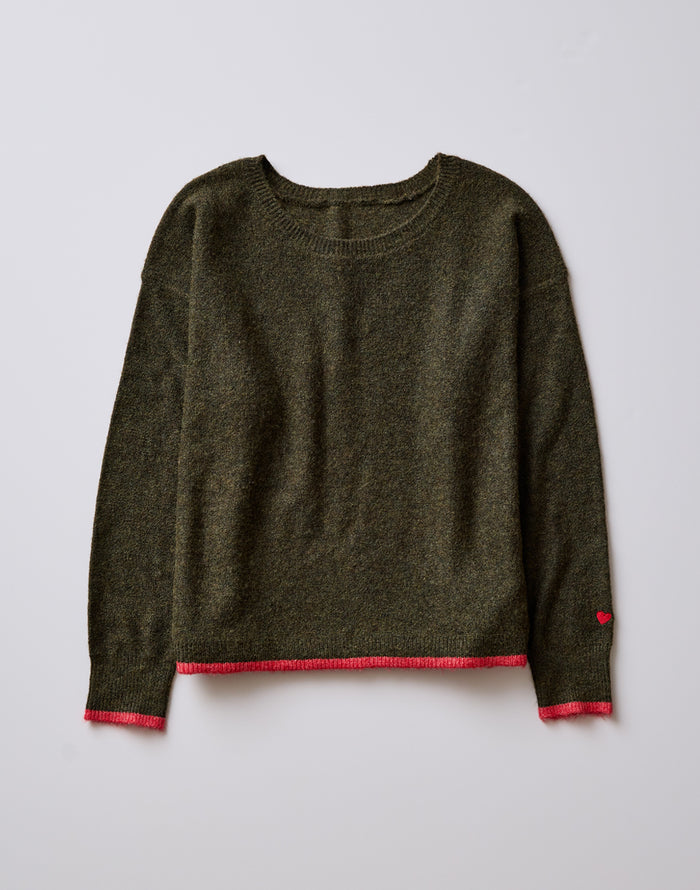 Drue Fuzzy Sweater Fir with poinsettia embroidery oversized crewneck step hem contrast tipping