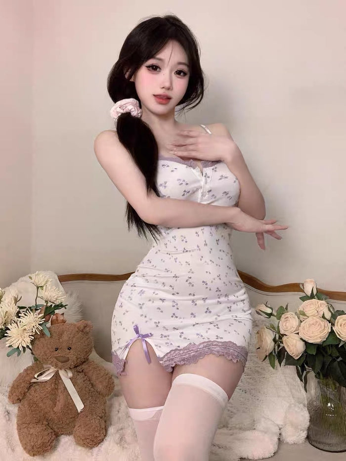 Floral Lace Trimmed Purple Camisole Nightgown