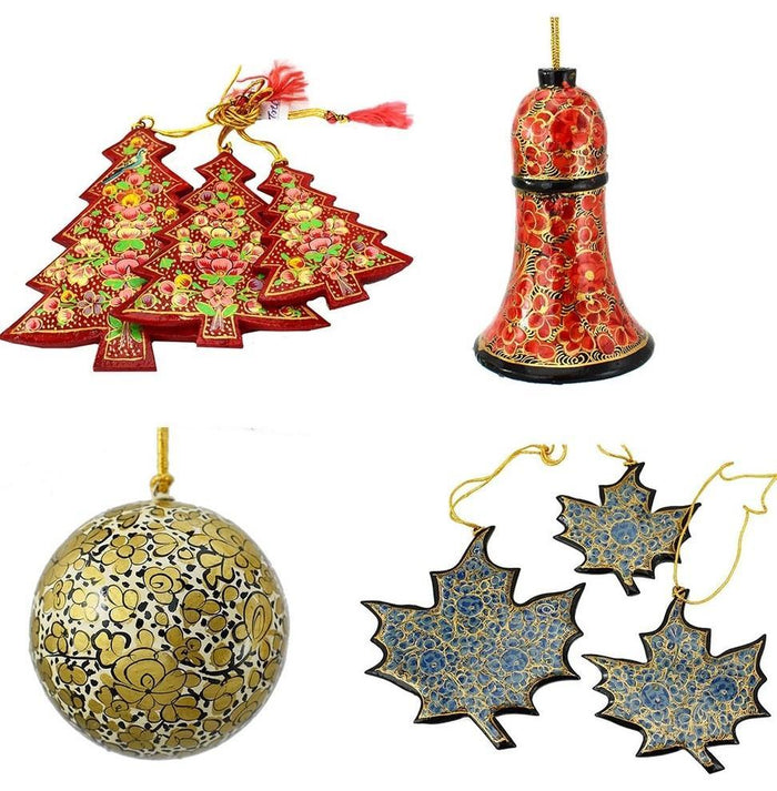 Holiday Christmas Ornaments, Hand Painted Ball, Bell, Tree and Maple Set - KashmirDesigns