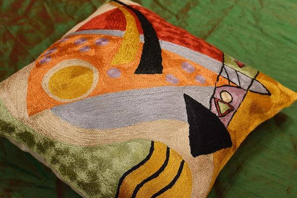 Kandinsky Abstract Composition Silk Throw Pillow Cover Hand embroidered 18x18" - KashmirDesigns