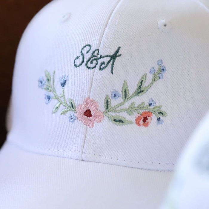 Personalised Wildflower Couple's Initials Embroidered White Cap
