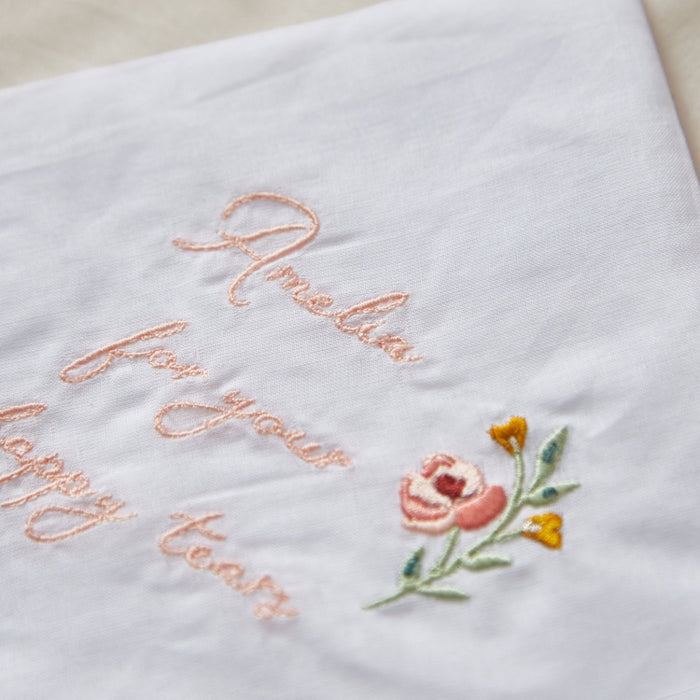 Personalised Wildflower Wedding Happy Tears Satin Edge Handkerchief
