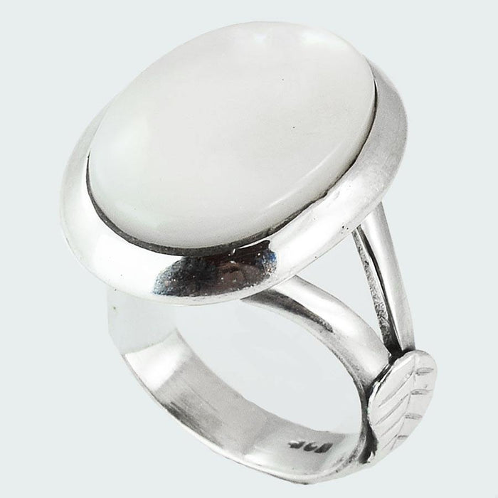 Size 7.5 White Mother of Pearl Ring Sterling Silver Leaf Rings - Kashmir Designs