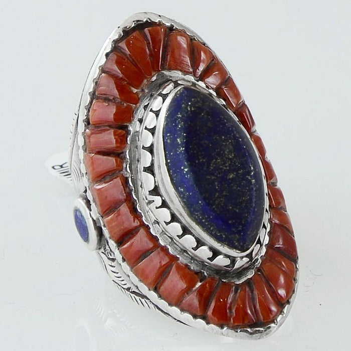 Size 8 Natural Lapis Coral Ring Sterling Silver Marquise - Kashmir Designs