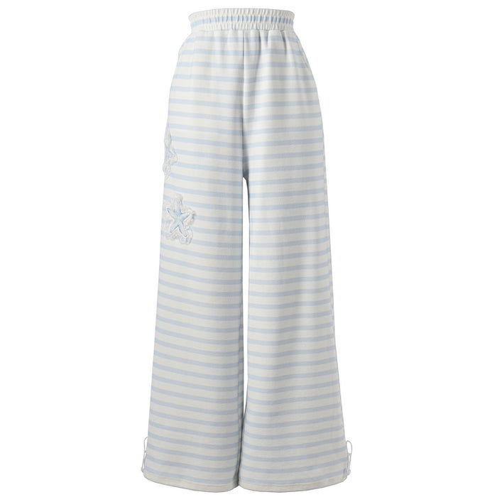Starfish Embroidery Playful Blue and White Striped Casual Pants