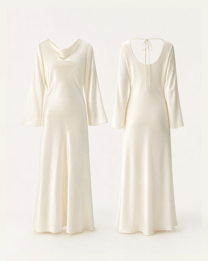 VELSÉE Élan Ivory 100% Mulberry Silk Cowl-Neck Backless Maxi Dress – Women’s Long Bell-Sleeve Evening Gown
