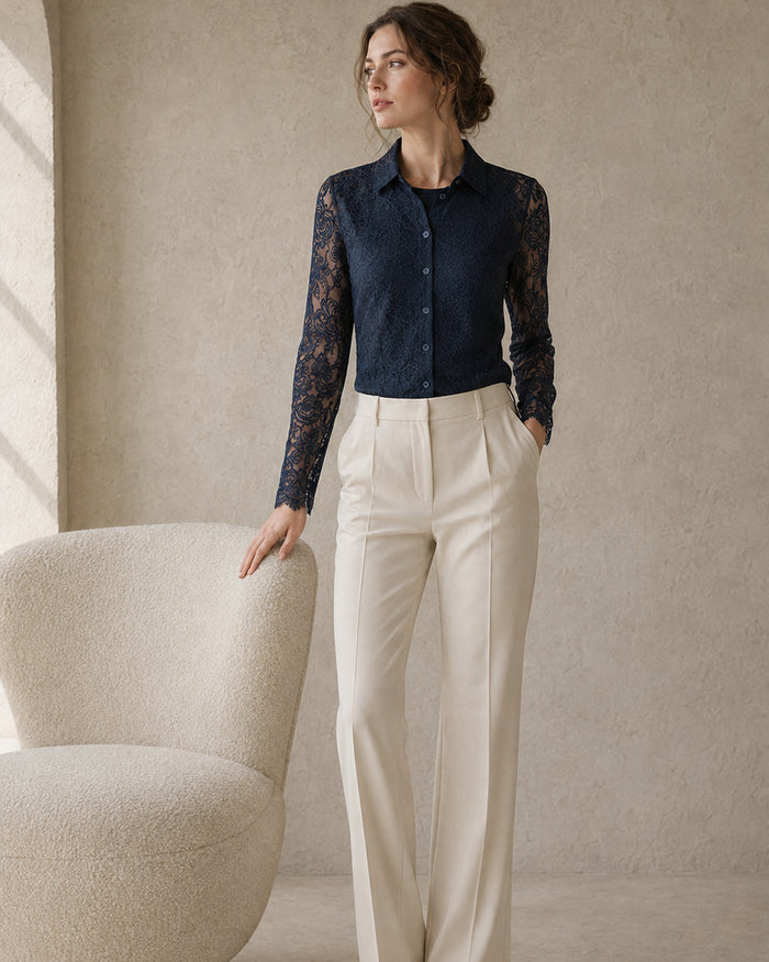 VELSÉE Navy Floral Lace Blouse – Silk Button-Front, S to 3XL