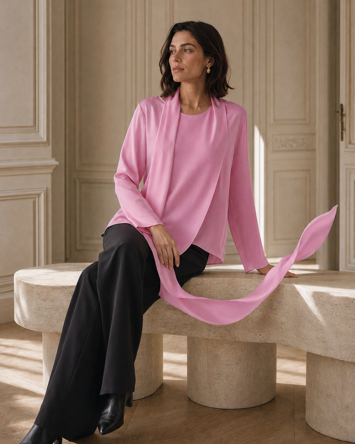 VELSÉE Scarf-Neck Silk Blouse – Asymmetric Draped Long Sleeve