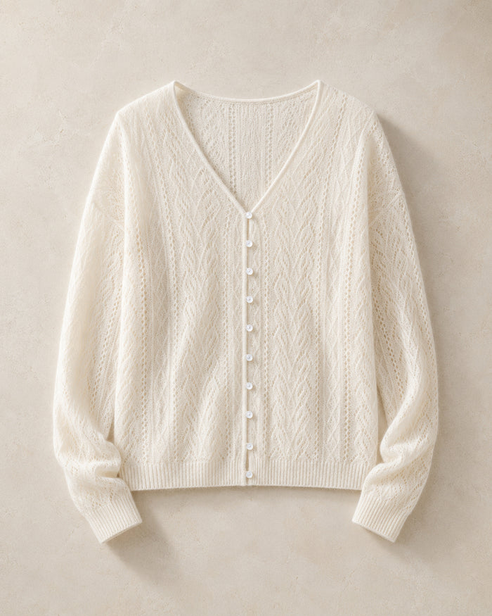 VELSÉE Women's Cashmere & Mulberry Silk Pointelle Cardigan, V-Neck Pearl Button Lightweight Knit