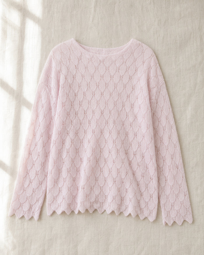 VELSÉE Women’s Cashmere Silk Pointelle Pullover – Scalloped Hem Lightweight Openwork Sweater