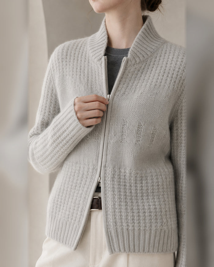 VELSÉE Women’s Cashmere Textured Zip Cardigan – Stand Collar Relaxed Cropped Knit Jacket