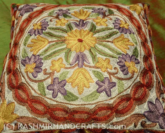 violets asters decorative cushion cover handembroidered - Kashmir Designs