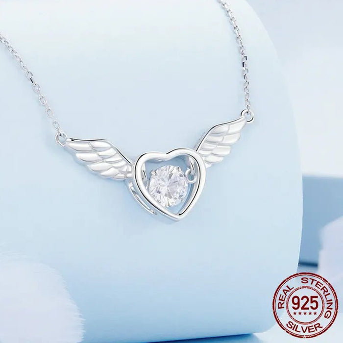 925 Sterling Silver Shiny Zircon Heart Pendant Necklace Guardian Wings Neck Chain for Women Birthday Gift Jewelry
