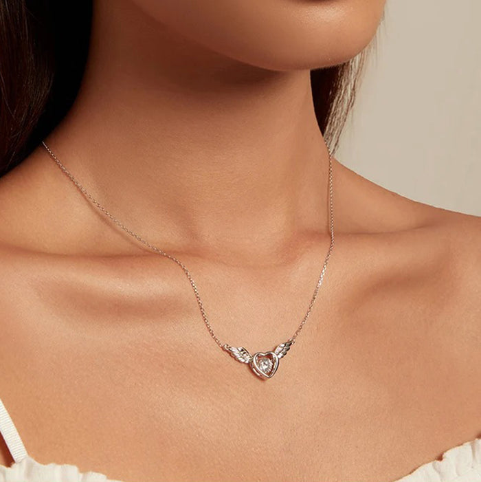 925 Sterling Silver Shiny Zircon Heart Pendant Necklace Guardian Wings Neck Chain for Women Birthday Gift Jewelry