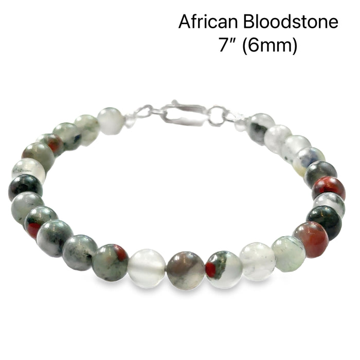 African bloodstone beaded bracelet with 6mm smooth round gemstones and sterling silver lobster claw clasp for courage and vitality on a white background, front view.