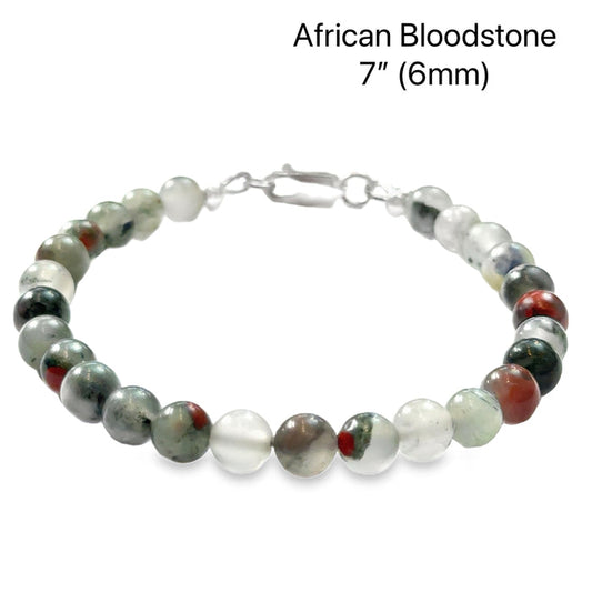 African bloodstone beaded bracelet with 6mm smooth round gemstones and sterling silver lobster claw clasp for courage and vitality on a white background, front view.
