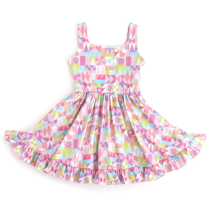 girls' small world inspired sleeveless twirl dress with geometric pastel design