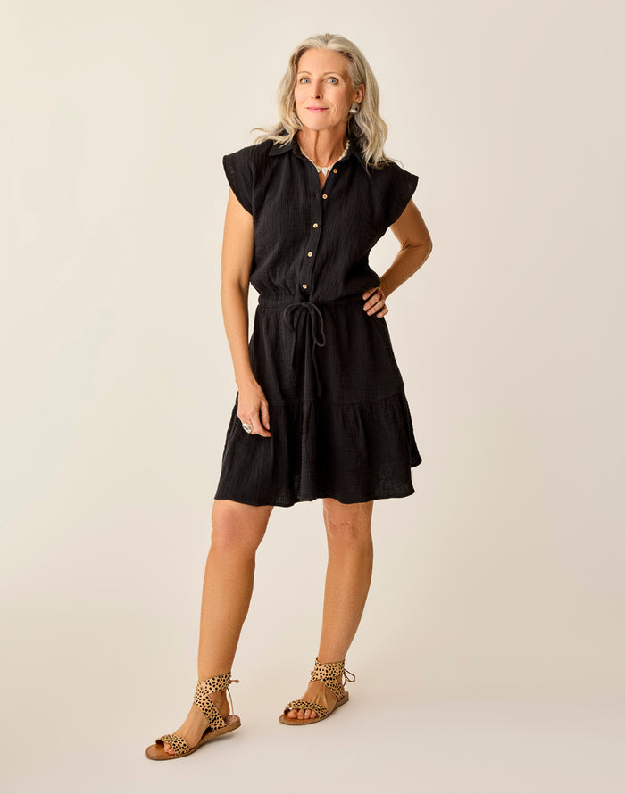 Alex Gauze Dress Black with collar and stand, flutter sleeves, elastic drawcord waist and side pockets