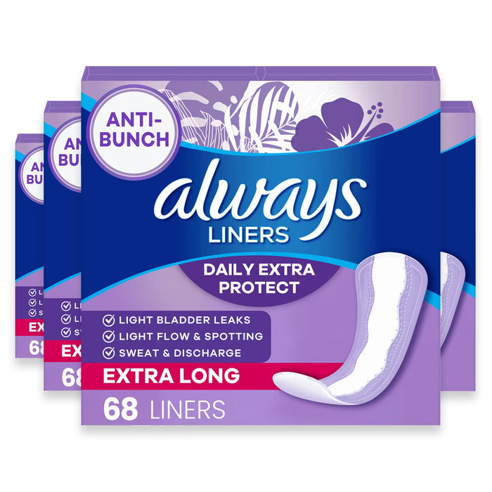 Always Daily Extra Protect Anti-Bunch Extra Long Unscented Panty Liners - 68 Ct - 4 Pack