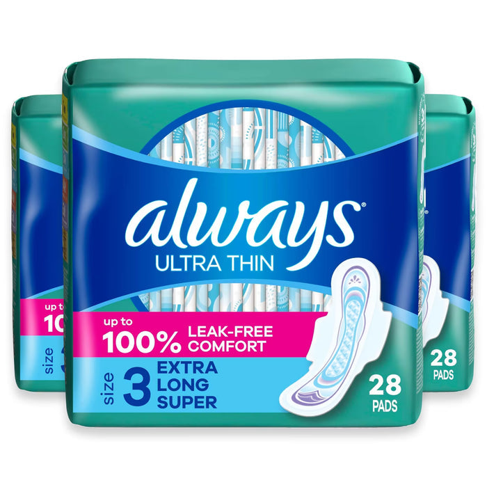 Always Ultra Thin Size 3 Extra Long Super Unscented Sanitary Pads with Wings - 28 Ct - 3 Pack
