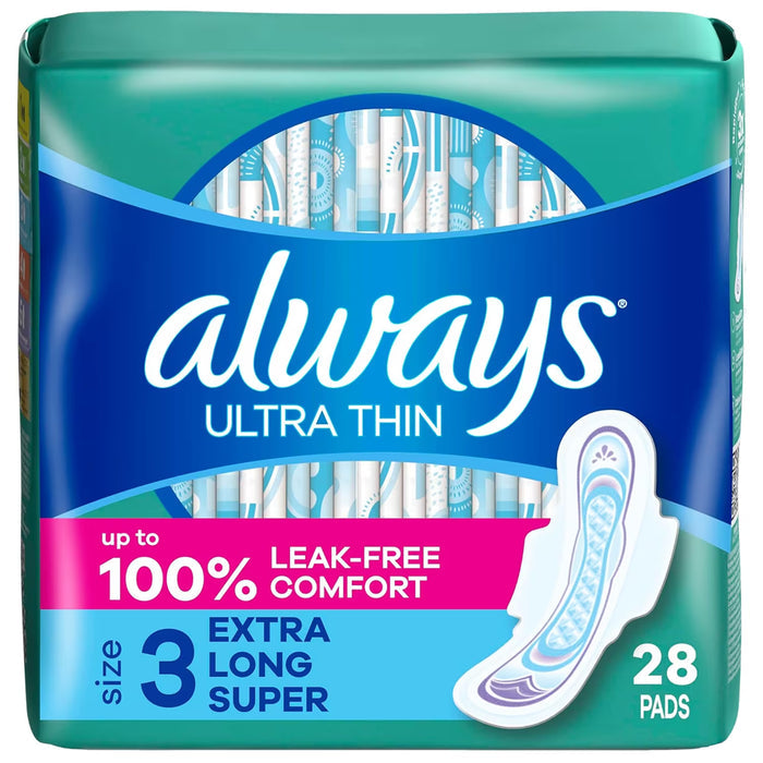 Always Ultra Thin Size 3 Extra Long Super Unscented Sanitary Pads with Wings - 28 Ct - 3 Pack