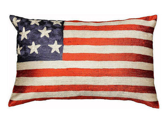 American Flag Pillow Cover Hand Embroidered 13" x 21" - KashmirDesigns