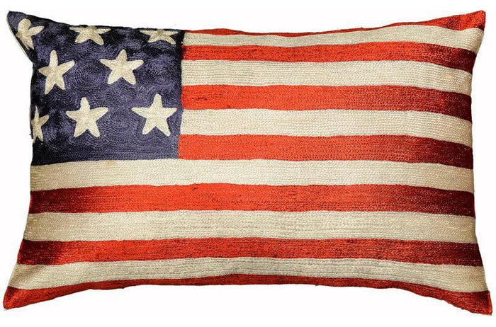 American Flag Pillow Cover Hand Embroidered 13" x 21" - KashmirDesigns