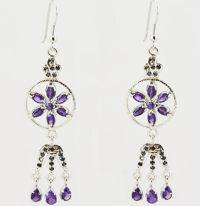 Amethyst Daisy Dangle Sterling Silver Earrings - Kashmir Designs