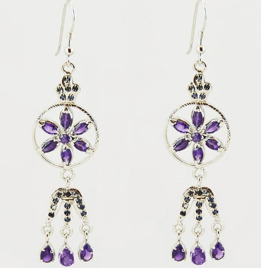 Amethyst Daisy Dangle Sterling Silver Earrings - Kashmir Designs