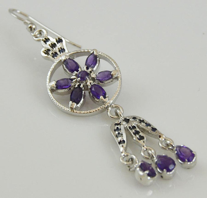 Amethyst Daisy Dangle Sterling Silver Earrings - Kashmir Designs