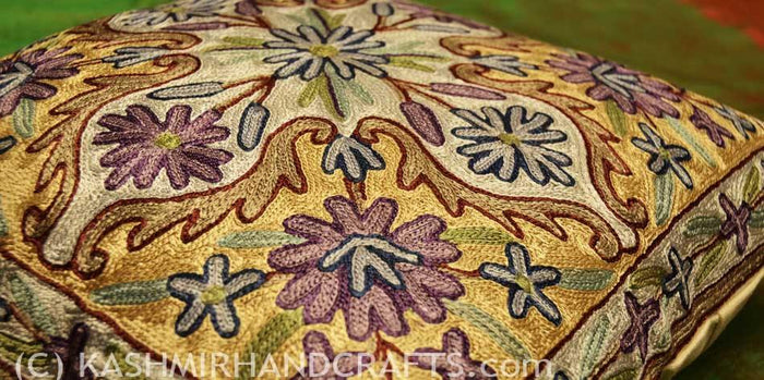 amethyst floral arabesque pillow cover handembroidered - Kashmir Designs