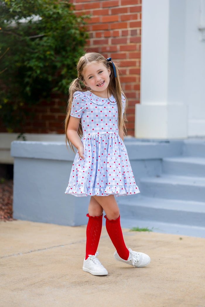 little girl in light blue and white gingham print dress with little red apples and peter pan collar paired with bright red pointelle lace top knee socks and navy satin hair bow