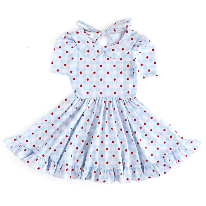 girls light blue and white collared twirl dress with tiny red apple print