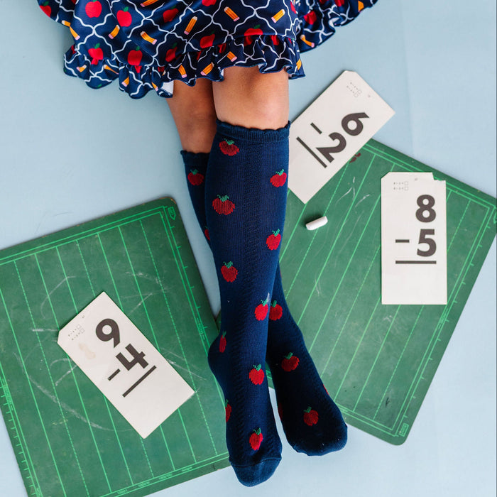 navy apple knee high socks with matching dress for girls