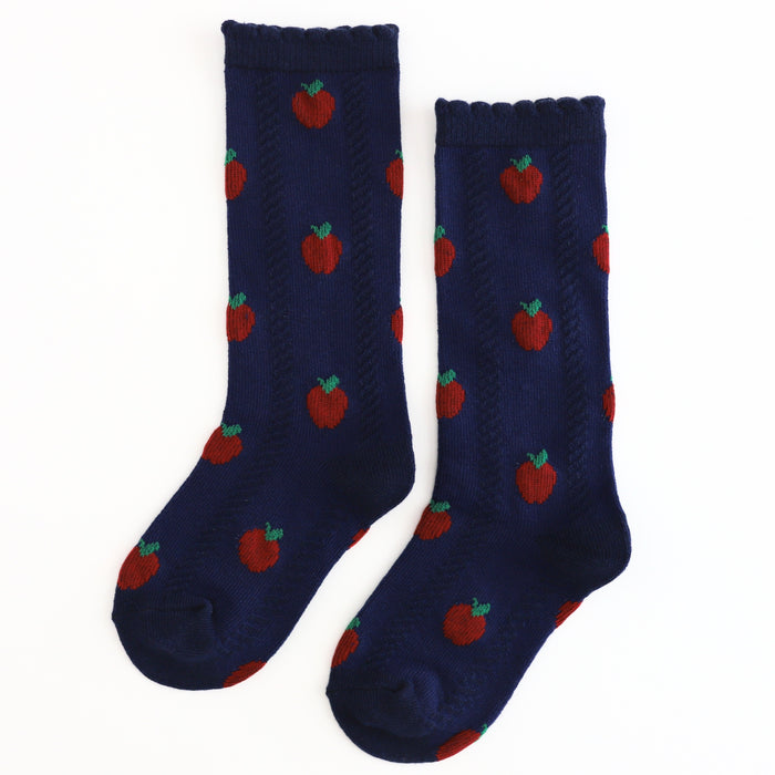 girls navy knit knee socks with red apple design and scalloped trim to match back to school collection