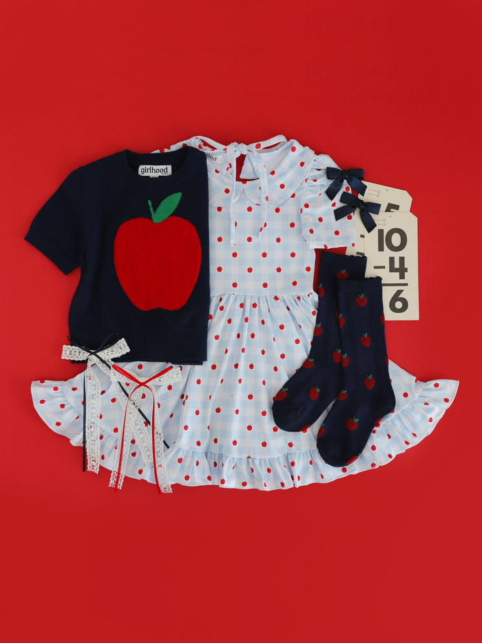 girls light blue and white with red apple gingham print twirl dress and navy apple coordinates
