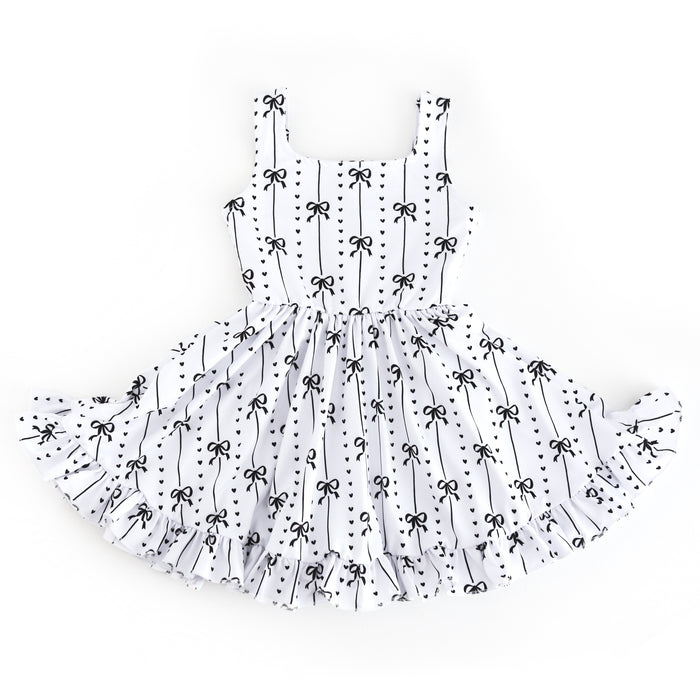 girls' black and white tank twirl dress with petite ribbon and heart pattern