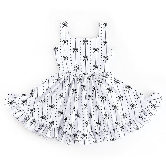 girls' black and white tank twirl dress with petite ribbon and heart pattern