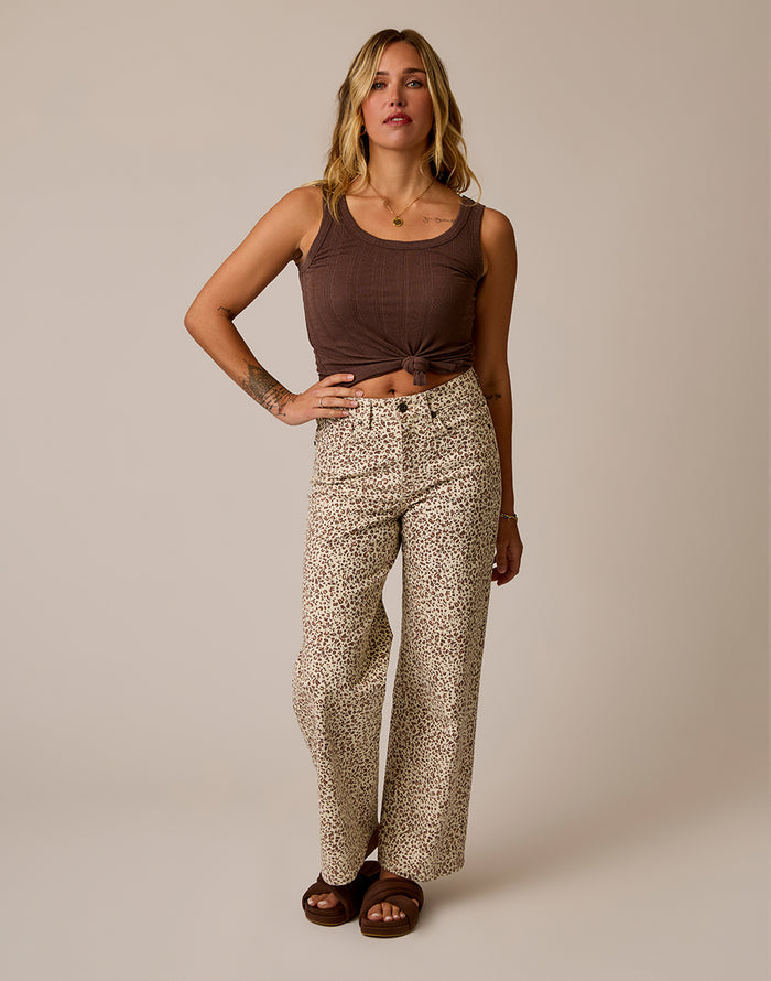 Audrey Wide Leg Leopard high-rise stretch denim pants with zipper fly button closure and longer inseam slouchy wide leg