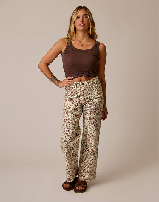 Audrey Wide Leg Leopard high-rise stretch denim pants with zipper fly button closure and longer inseam slouchy wide leg