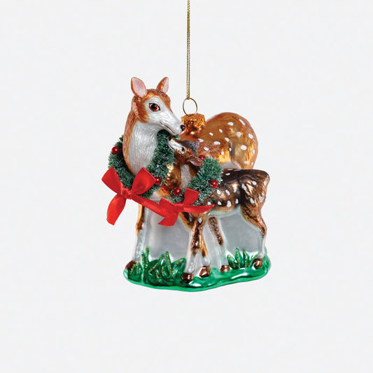 Baby Deer with Mom Glass Ornament