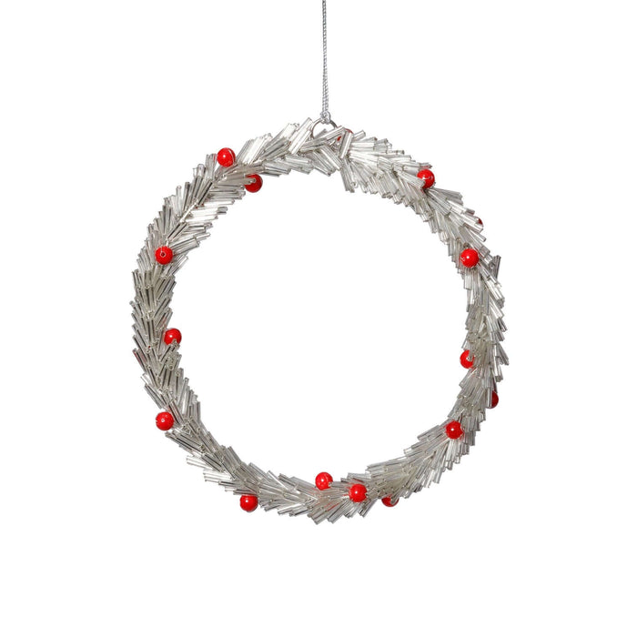 Beaded Wreath Ornament with Red Berries
