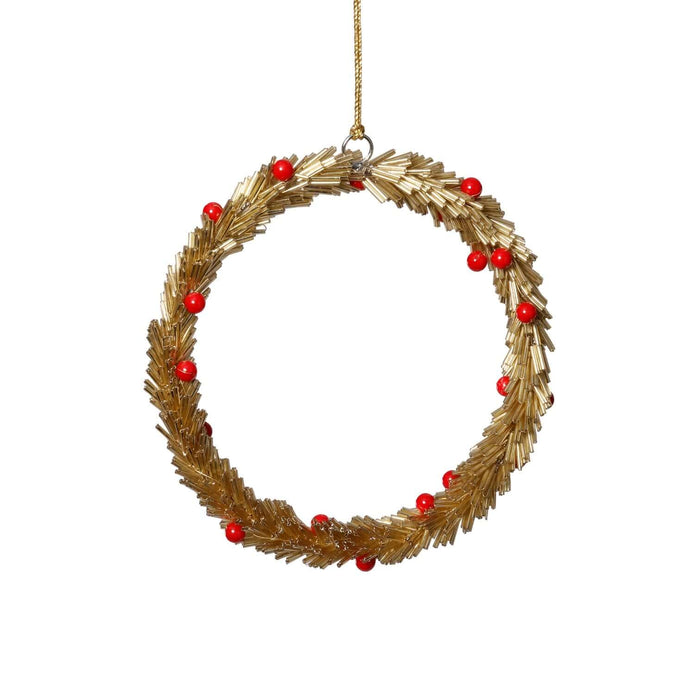 Beaded Wreath Ornament with Red Berries