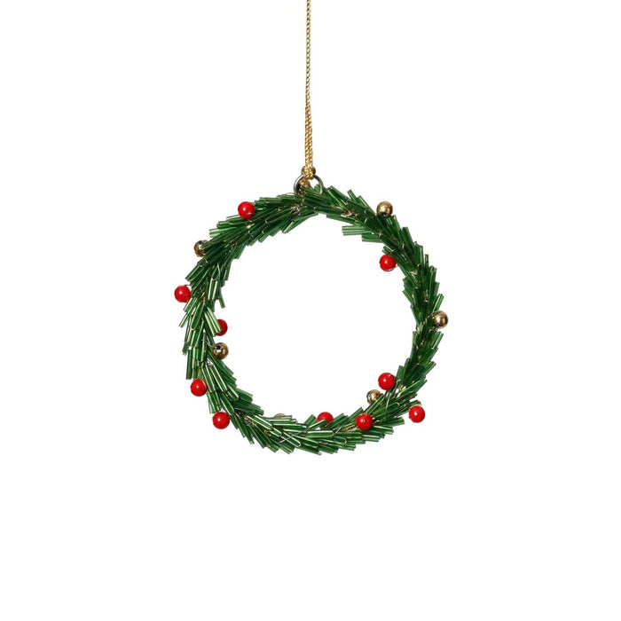 Beaded Wreath Ornament with Red Berries