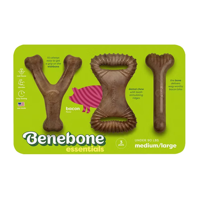 Benebone Essentials Wishbone Dental Chew and Bone Dog Chew Toy Real Bacon - 3 Ct