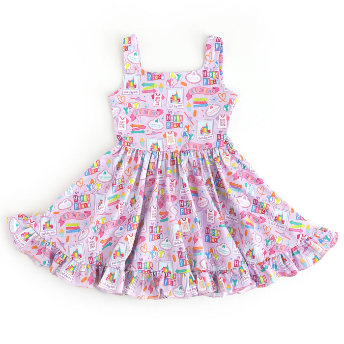 purple sleeveless twirl dress with best day ever print